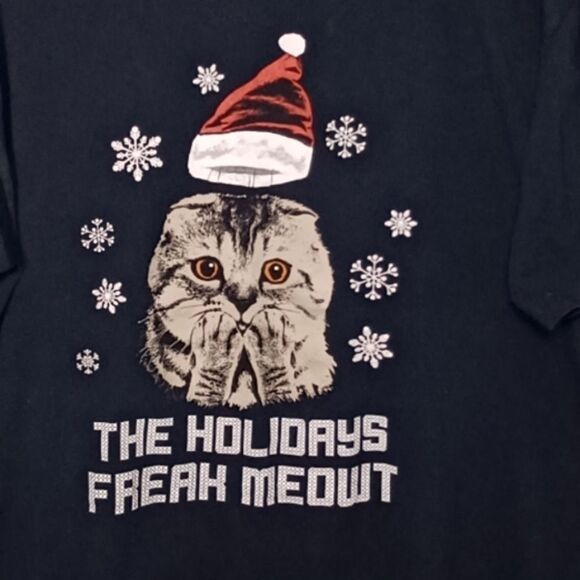 The Holidays Freak Meowt Cat Graphic Alstyle Crew Neck Cotton Navy T-shirt 2XL - Picture 2 of 7